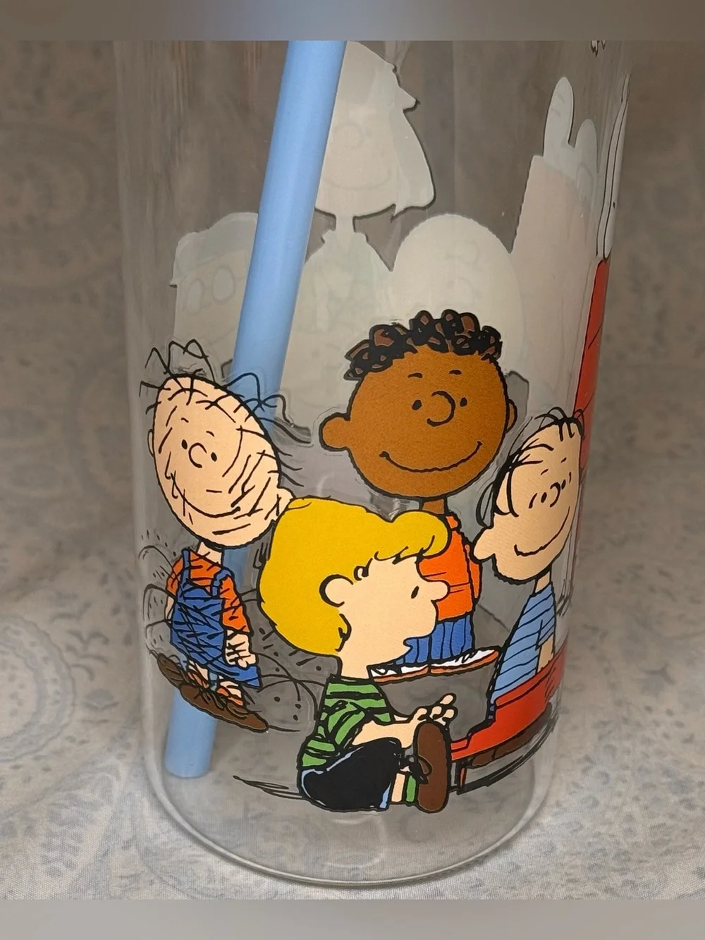 Peanuts Woodstock, Snoopy, Gang Glass Tumbler with Bamboo Lid Blue Plastic Straw